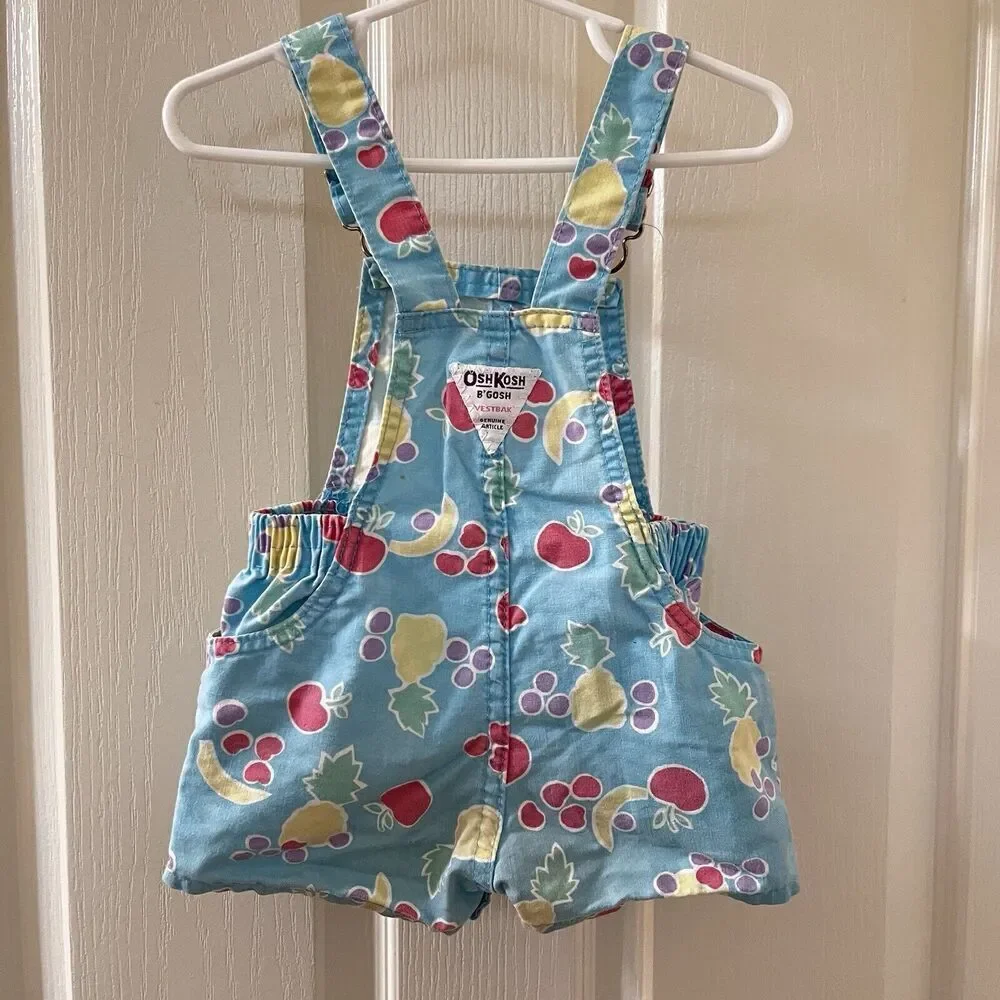 Vintage Oshkosh B'gosh Blue Fruit Shortalls Romper USA Girls Size 18 Months